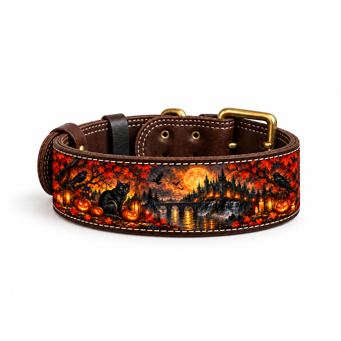 A brown leather dog collar with a gold buckle, featuring a detailed printed design of a wolf, a dog, and a fiery sunset landscape on the front strap.