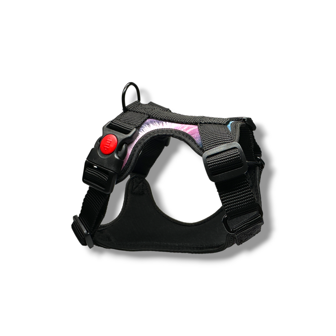 Black dog harness with a red button on a white background