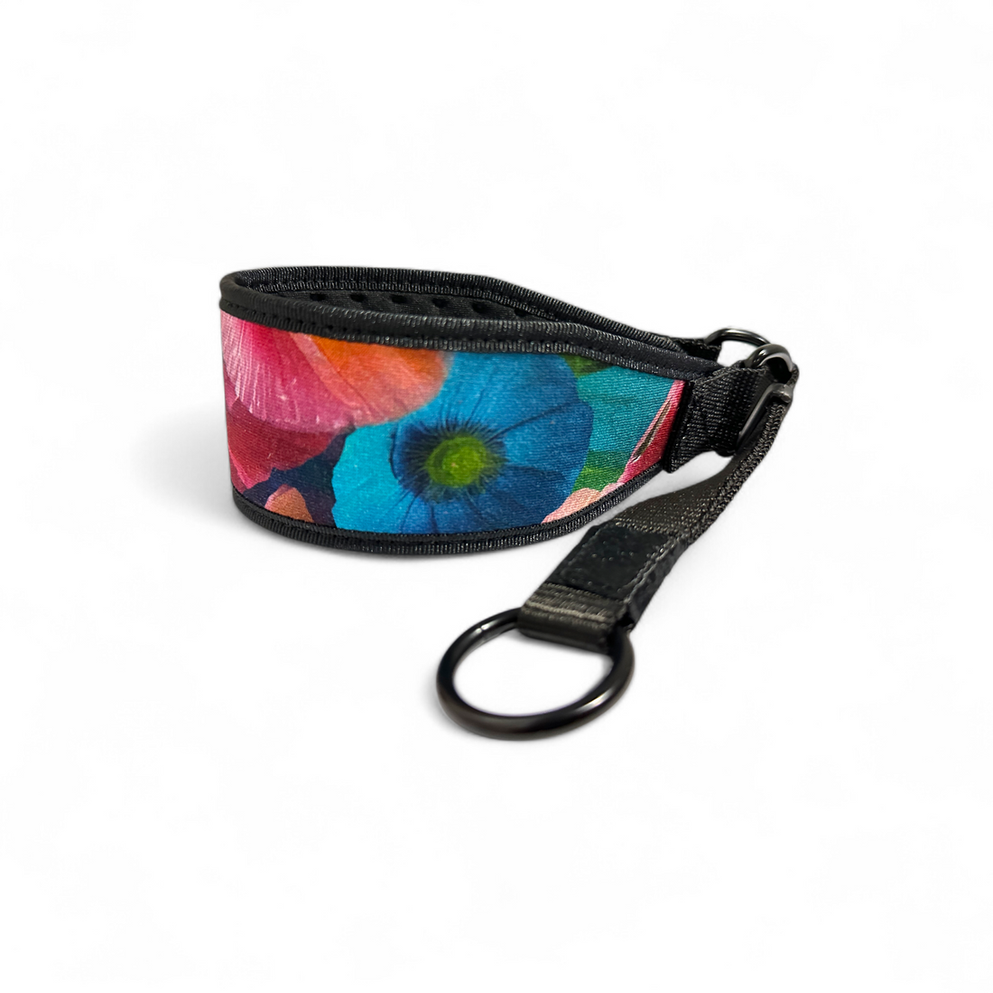 Colorful floral-patterned dog necklace on a white background