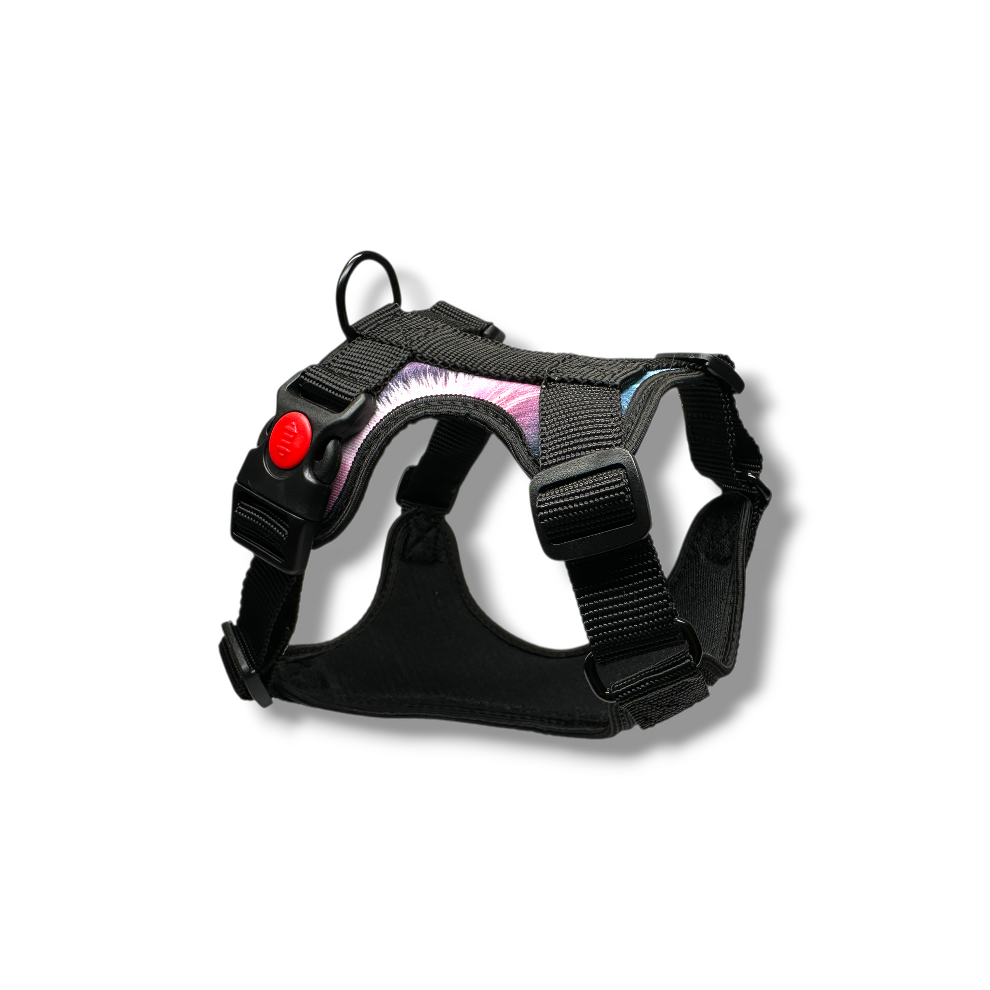 Black dog harness with a red button on a white background