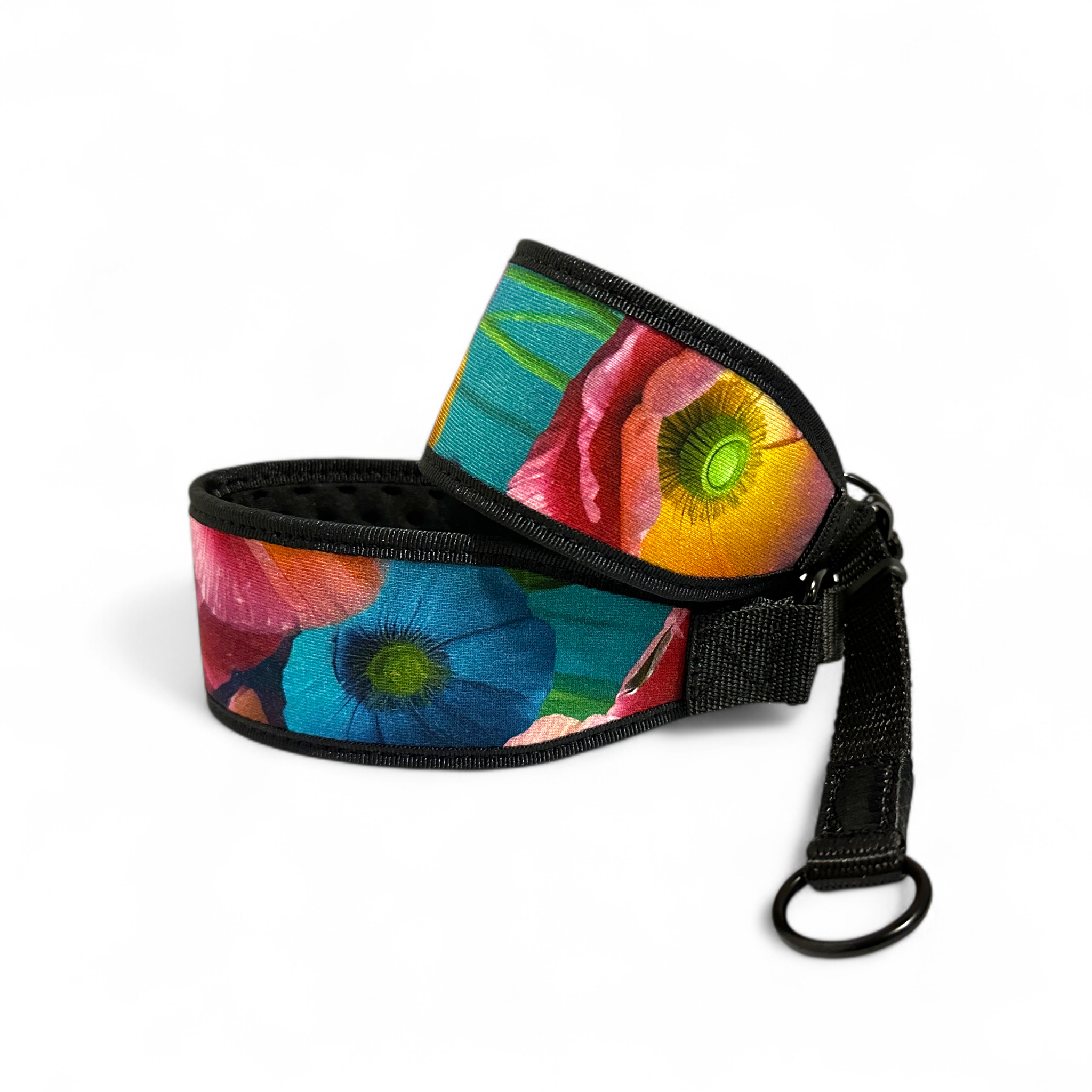 Colorful floral-patterned dogs collars with a black buckle on a white background