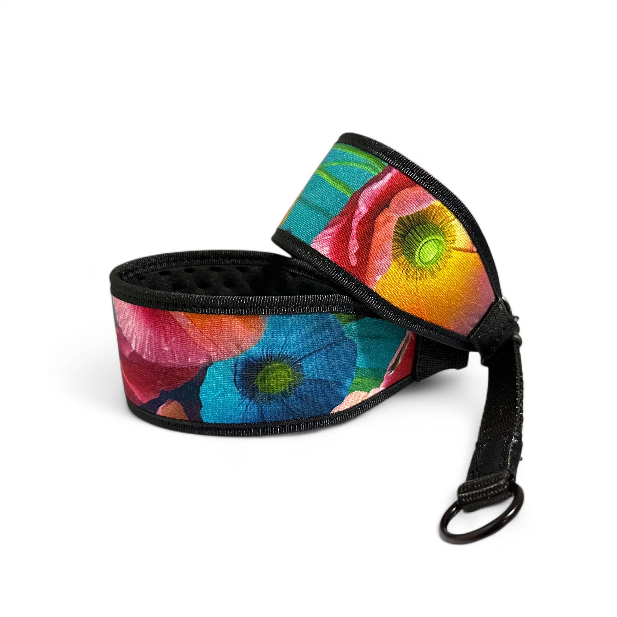 Colorful floral-patterned dog collars on a white background