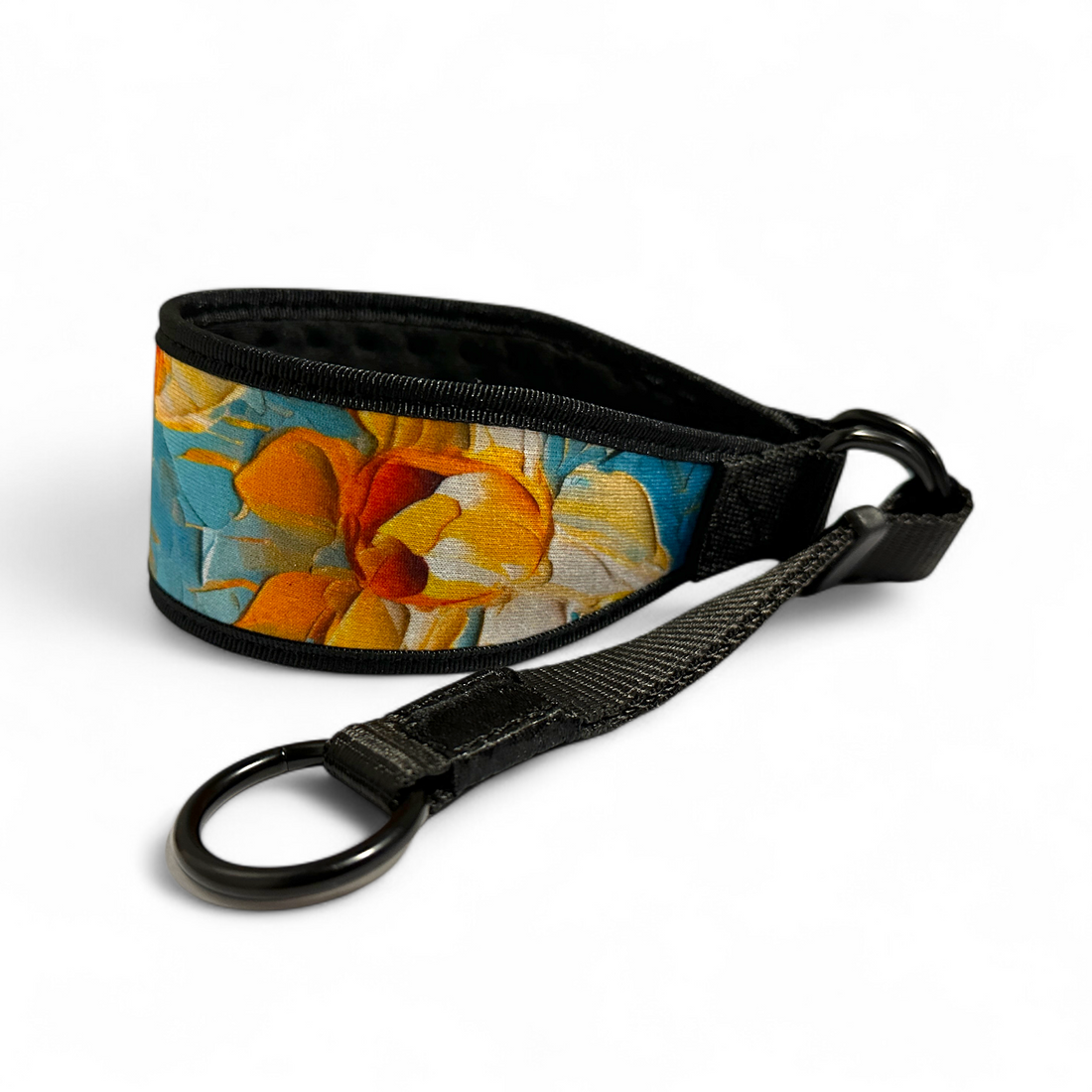 Floral-patterned colar with black hardware on a white background