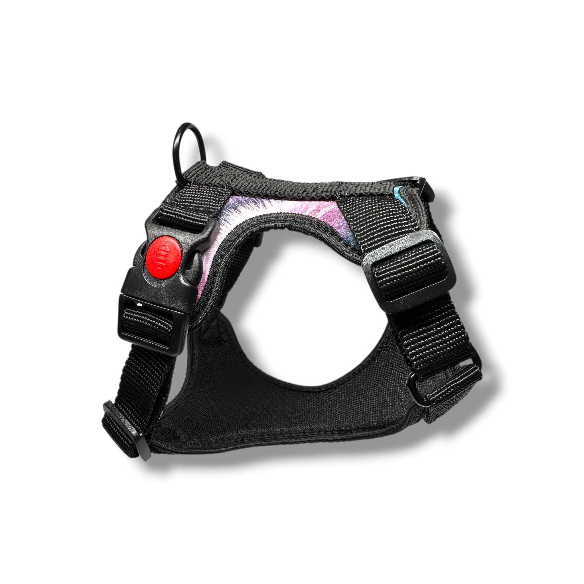 Black dog harness with a red button on a white background