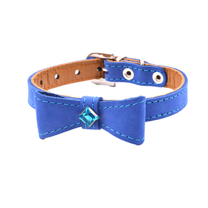 Blue Nubuck Leather Collar with a bow tie