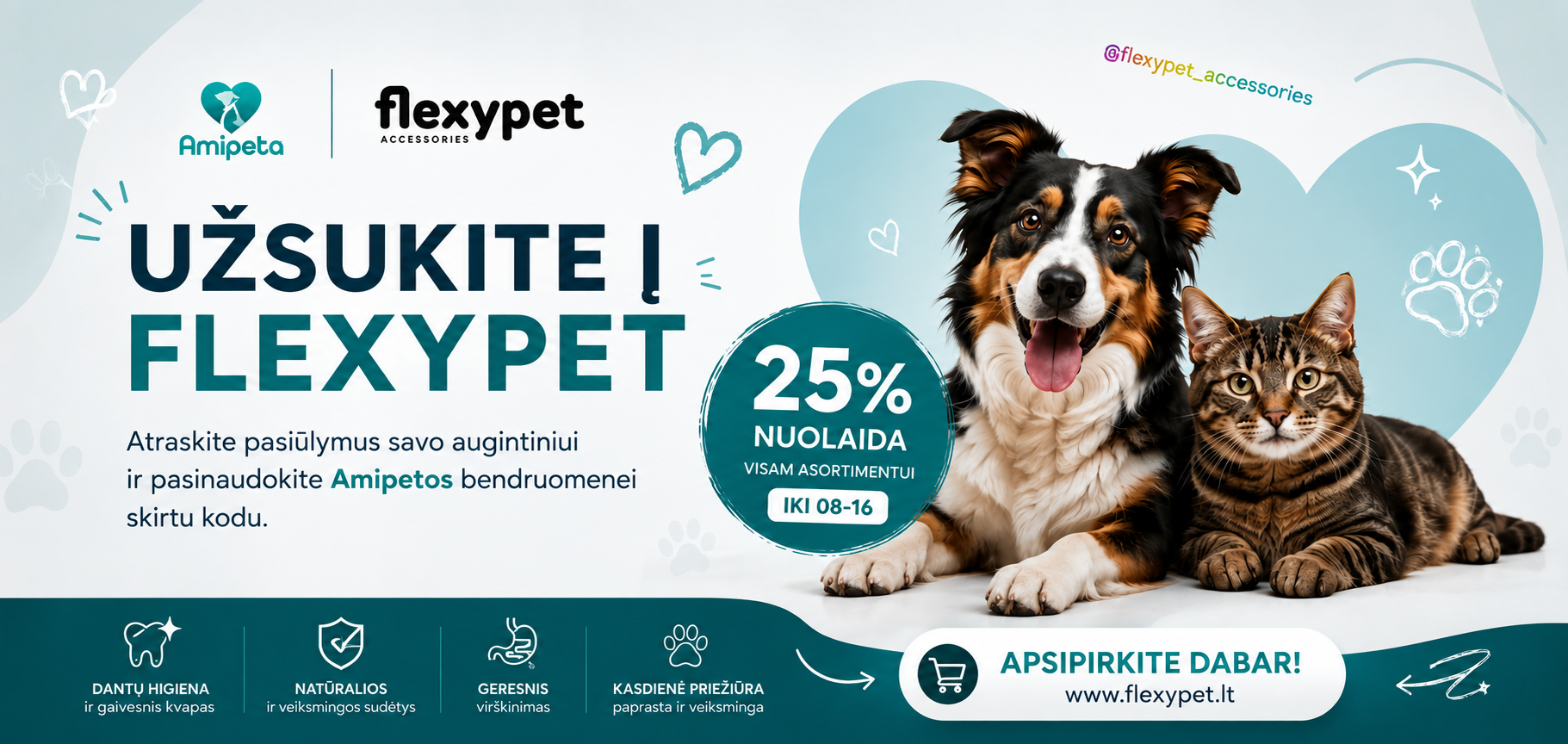 Promotional graphic for Flexypet pet care in Lithuanian, featuring a dog and a cat on a light background with a large heart, text, icons, and branding for Amipeta and Flexypet.slider_item_8jQqY