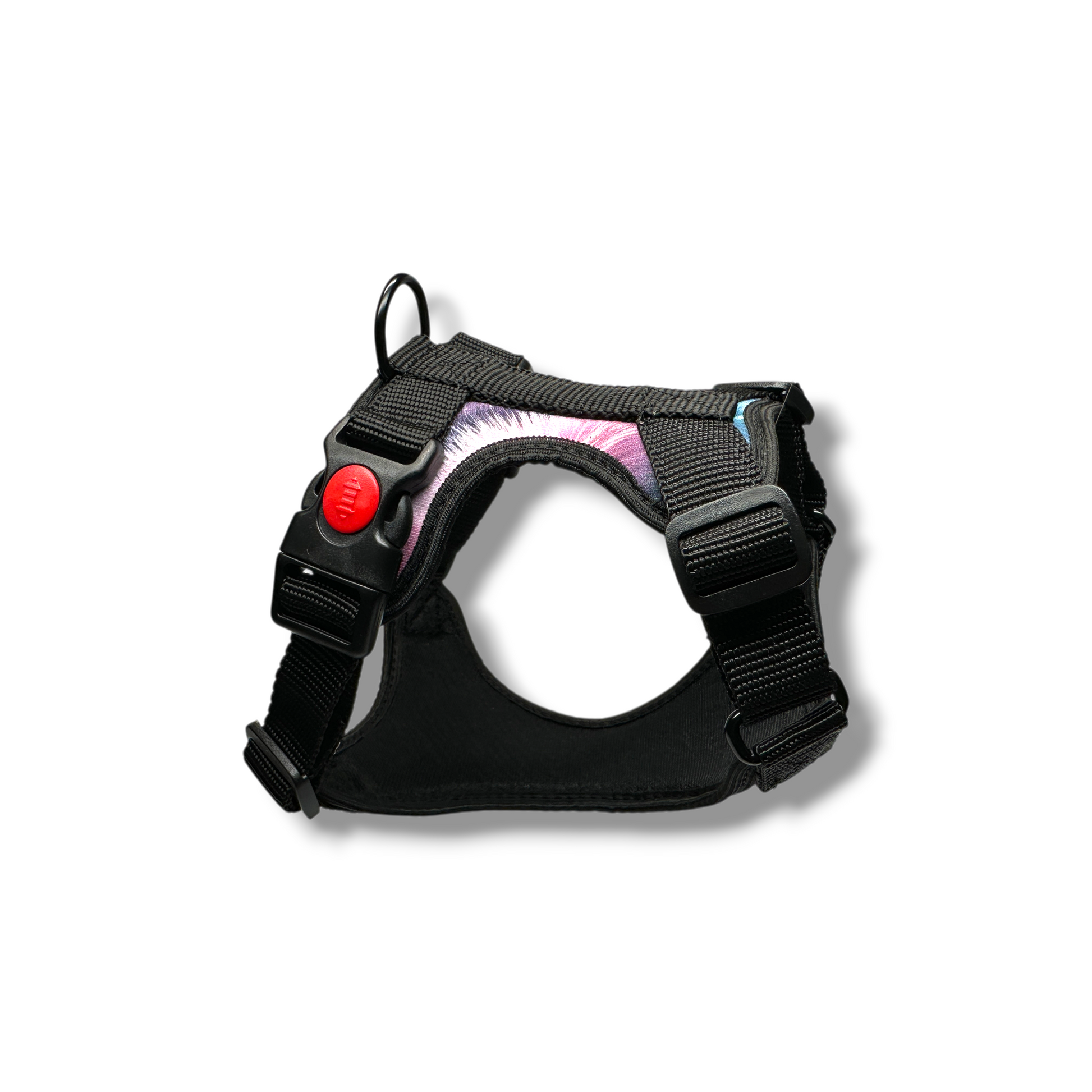 Black dog harness with a red button on a white background