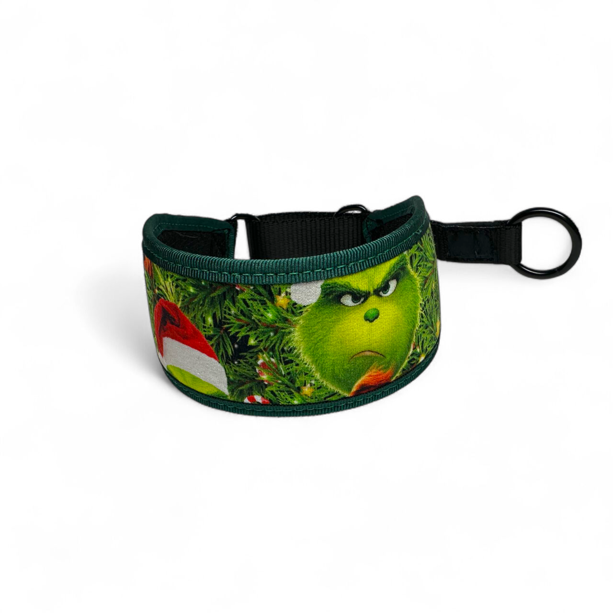 Neoprene dog collar with Grinch design on a white background