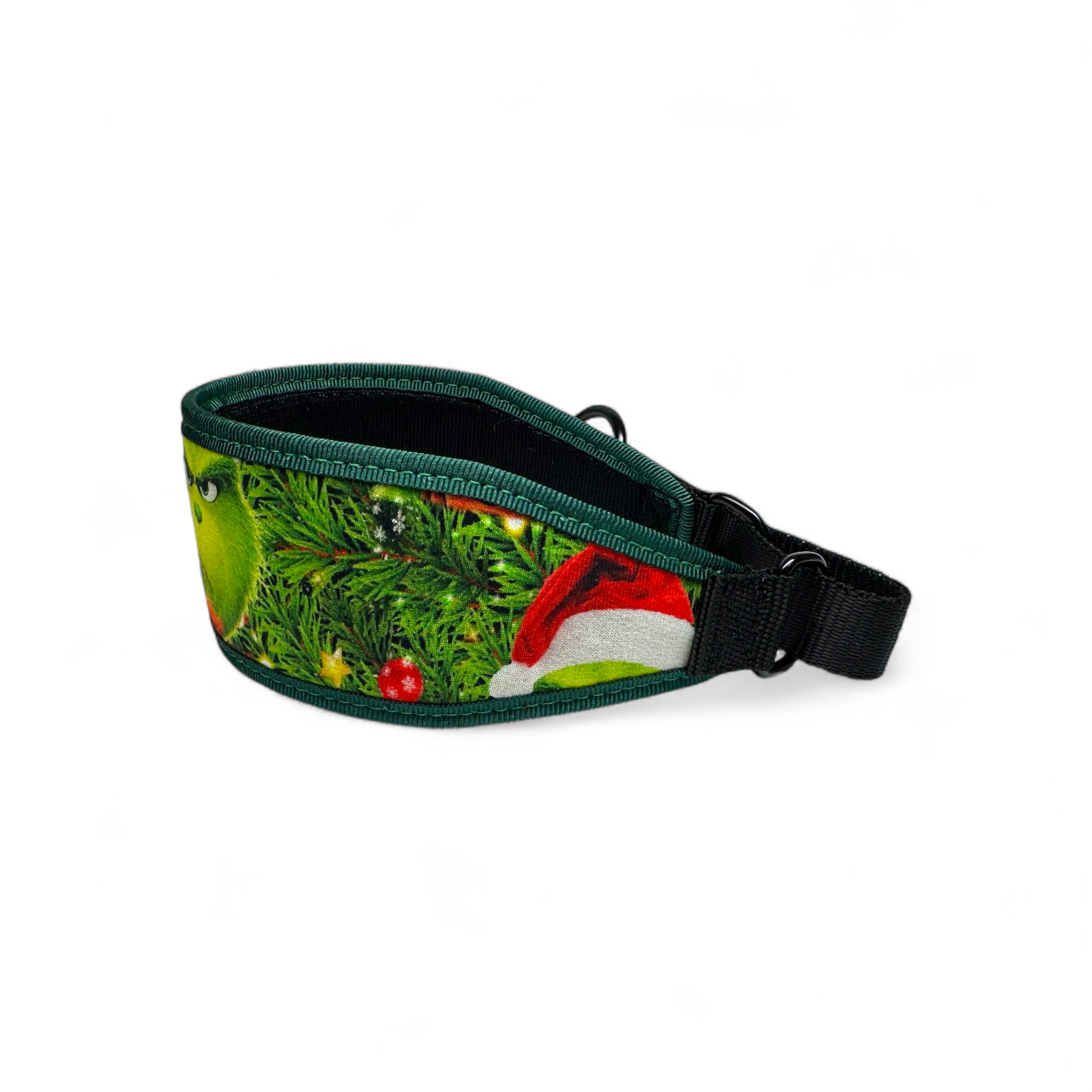 Dog collar with Christmas tree and Santa hat design on a white background