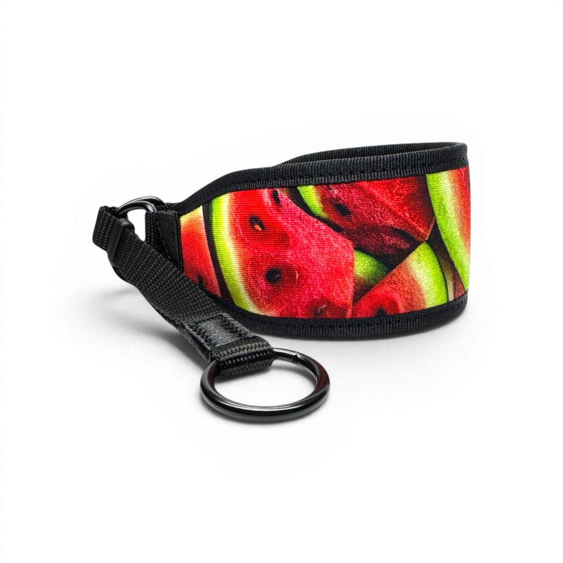 Watermelon wide martingale dog collar with watermelon print on a white background