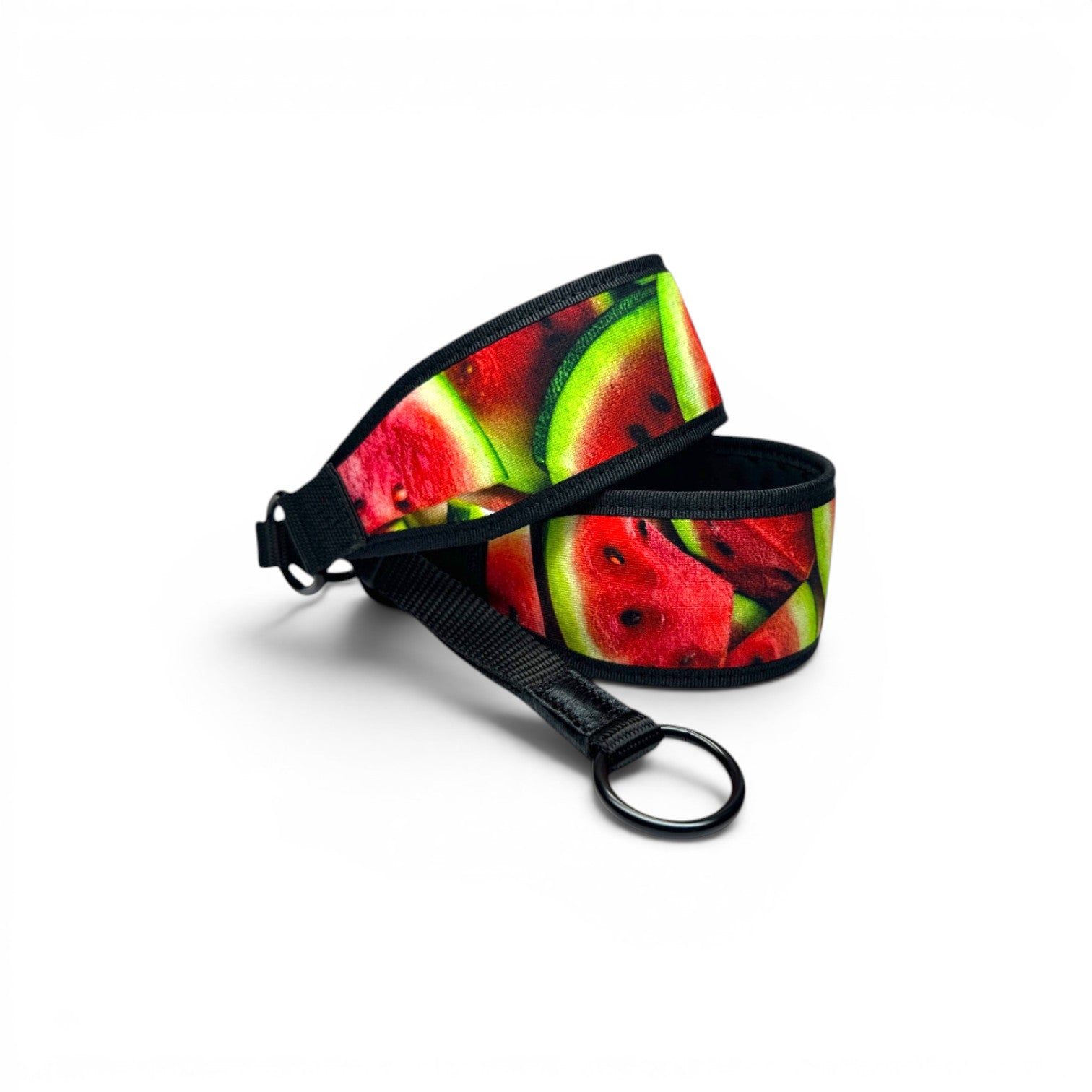 Adjustable Watermelon dog collar showing metal leash ring and watermelon pattern