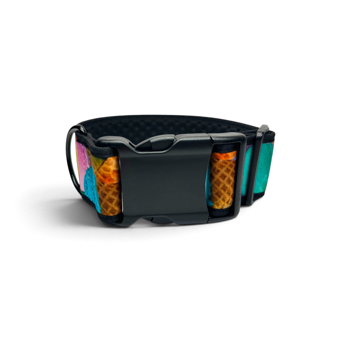 A black buckle strap with a colorful ice cream scoop pattern on a white background.