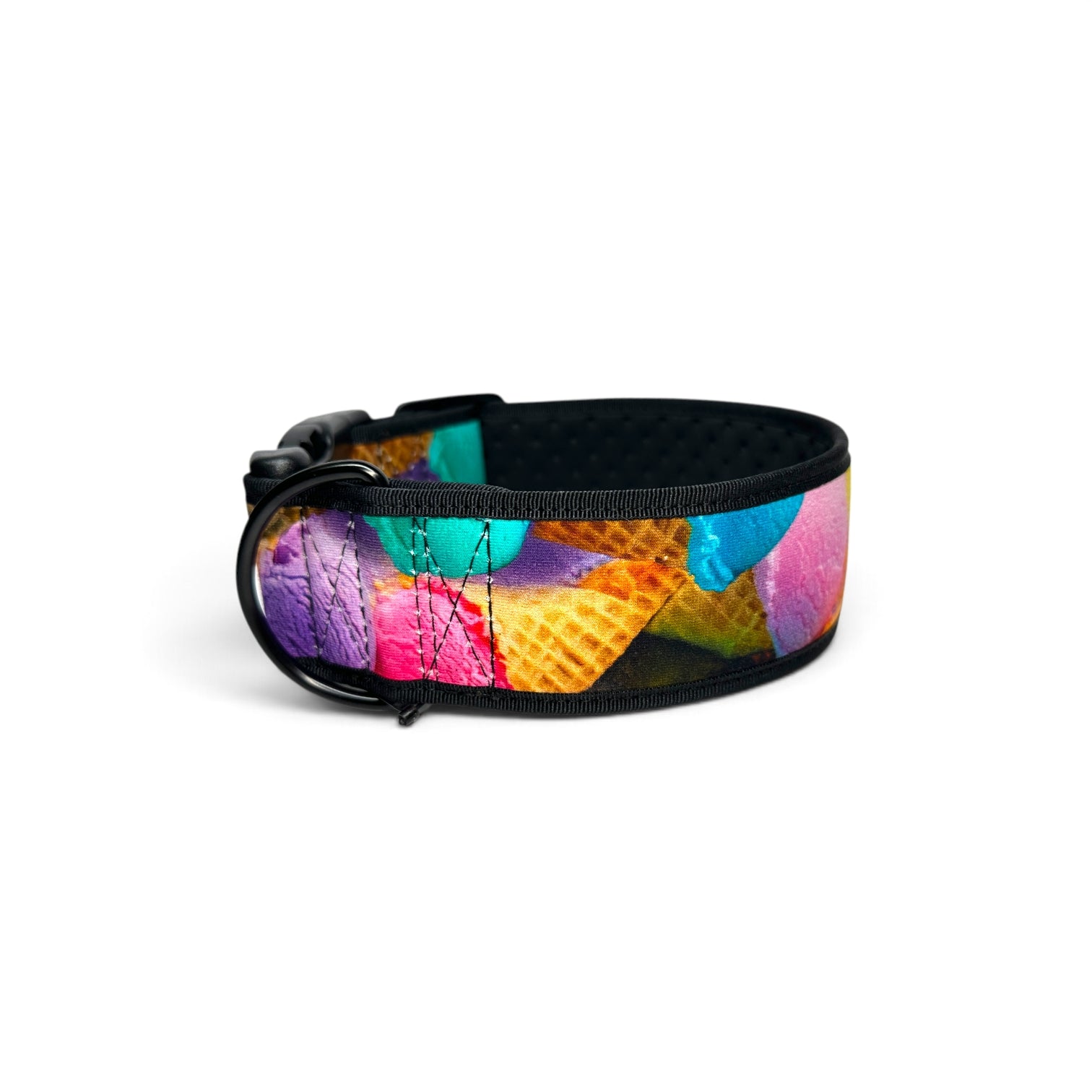 A black adjustable dog collar featuring a vibrant, multicolored ice cream cone pattern with waffle textures, shown on a plain white background.