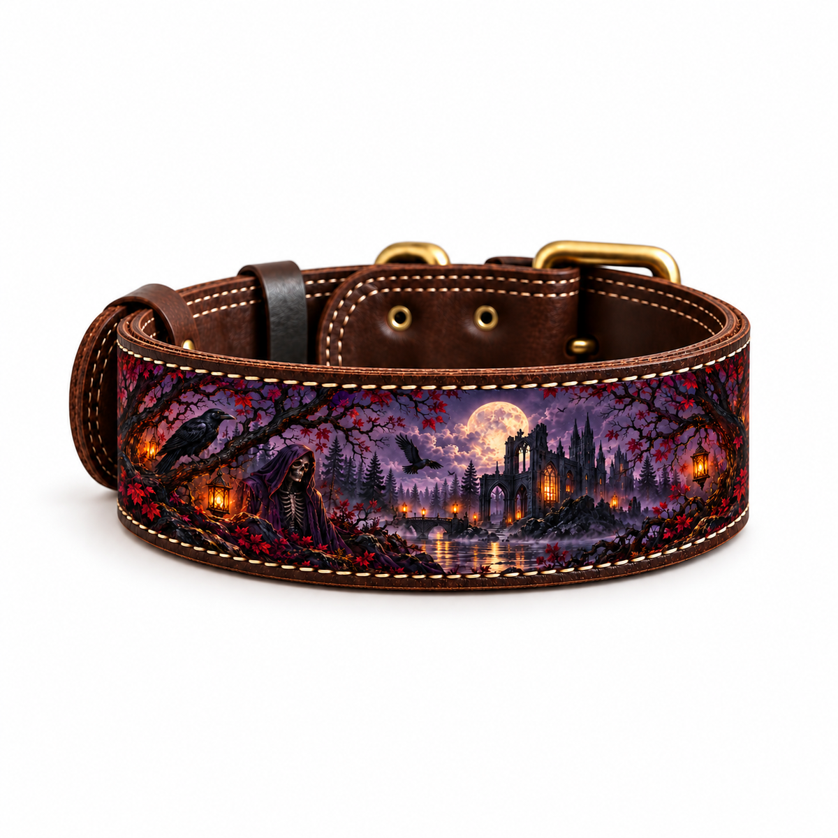 THE FOREST SPIRIT brown leather dog collar with a raven, hooded forest spirit and moonlit gothic castle design