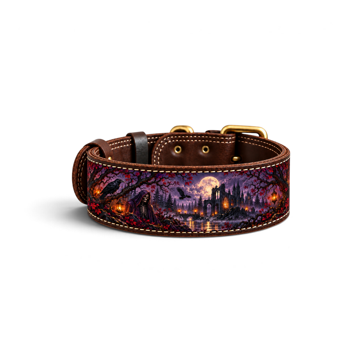 THE FOREST SPIRIT natural leather dog collar by Flexypet, full view with moonlit forest artwork on a white background