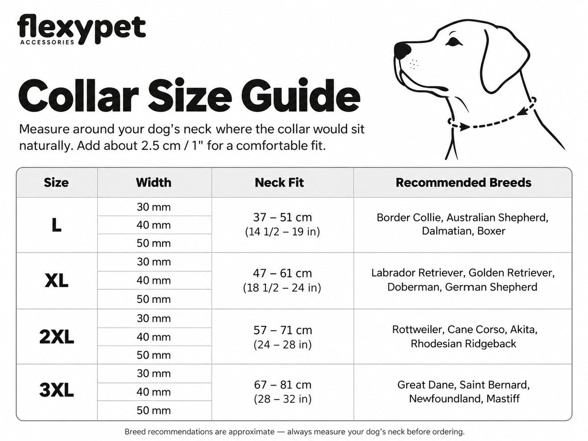 Flexypet leather dog collar size guide