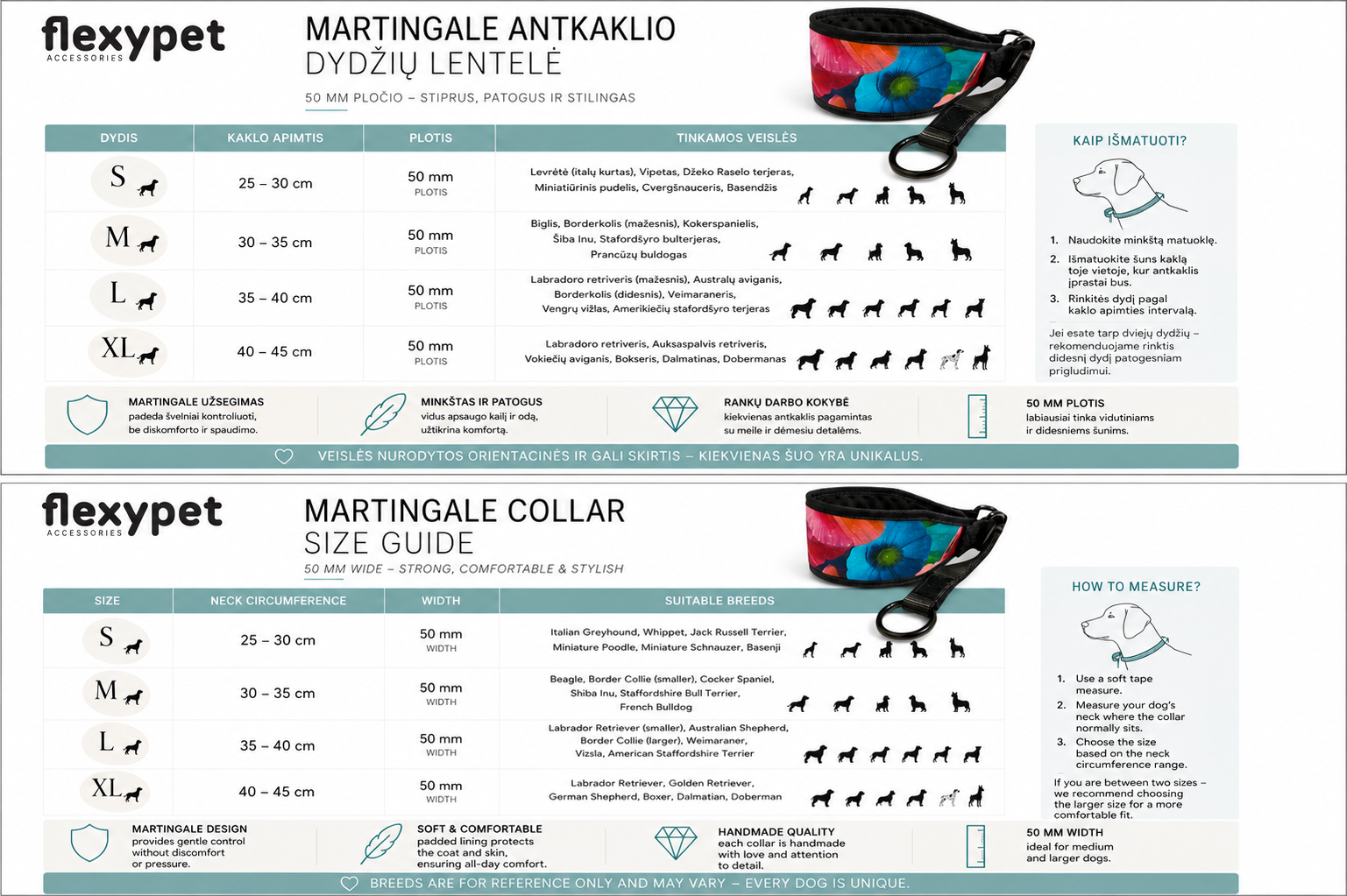 Flexypet martingale collar size guide with product image and measurement chart.