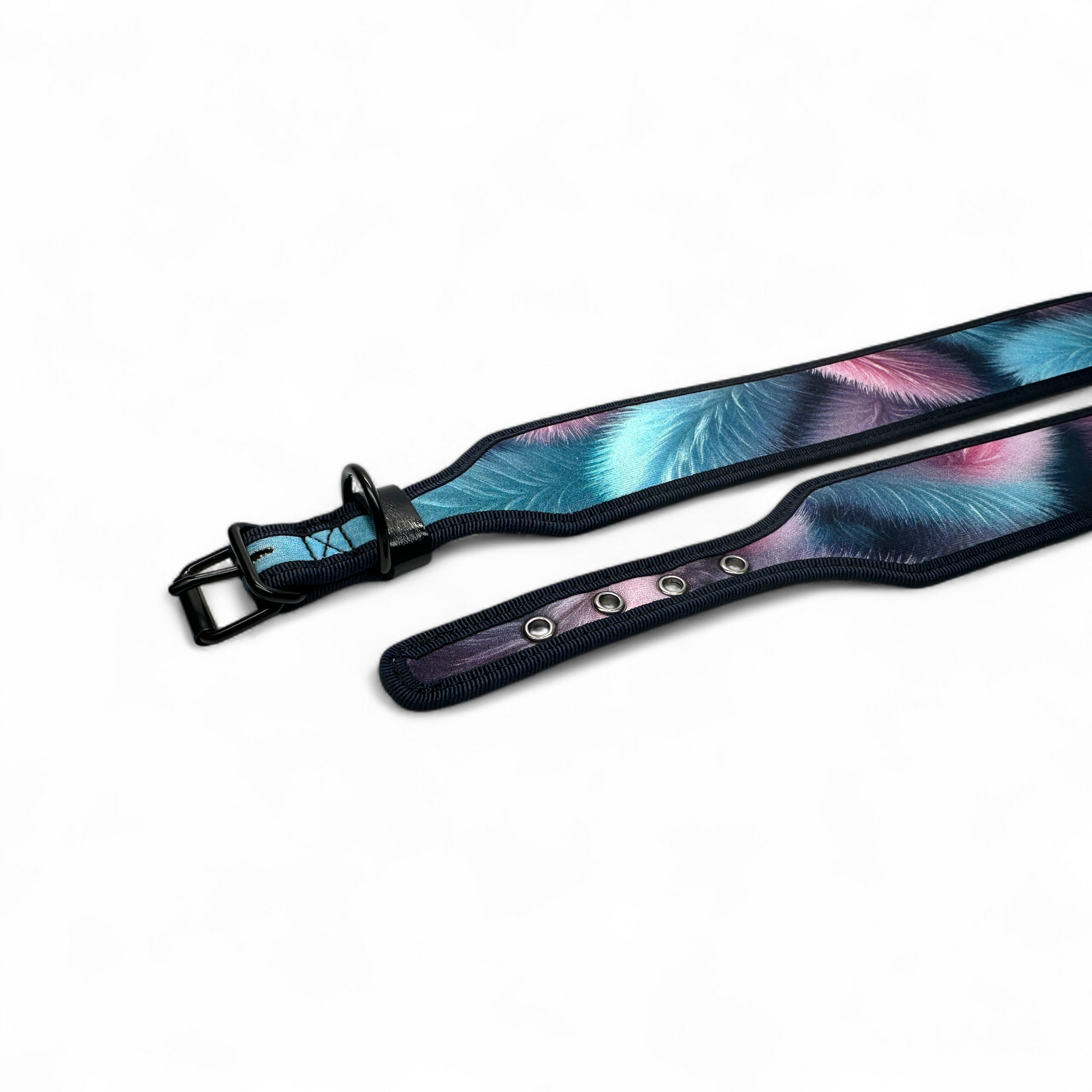 Leather strap with feather pattern on a white background