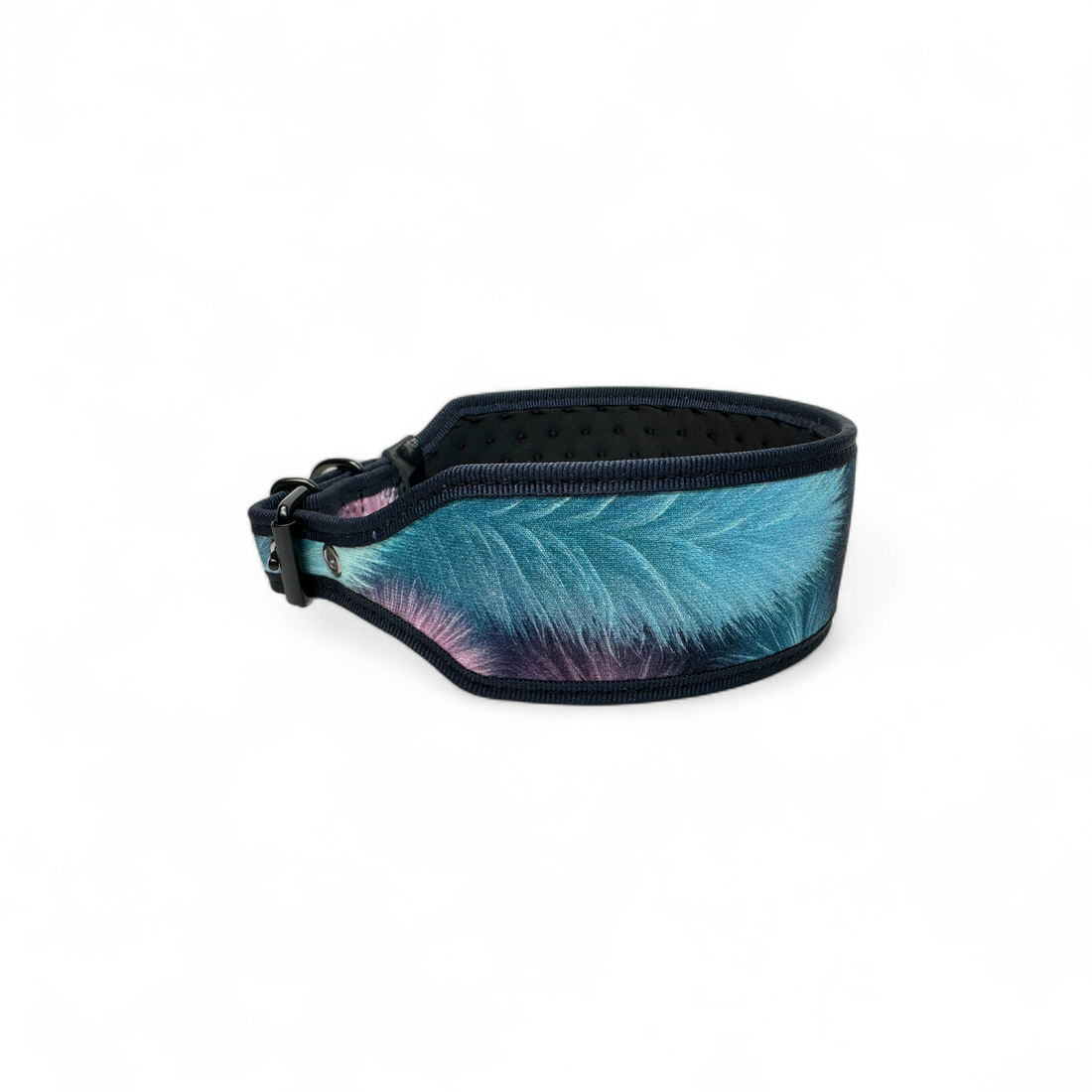 Neoprene dog collar with a colorful palm leaf pattern on a white background