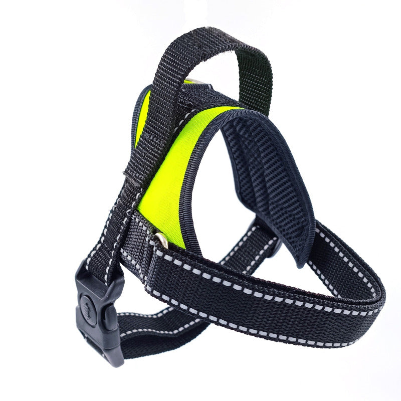 A bright neon yellow dog harness with black straps and a sturdy handle, designed for medium and large breed dogs.